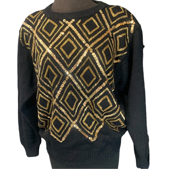 Vintage Alfred Dunner Beaded Sequin Sweater black / gold diamon argyle 70s / 80s - Picture 2 of 9